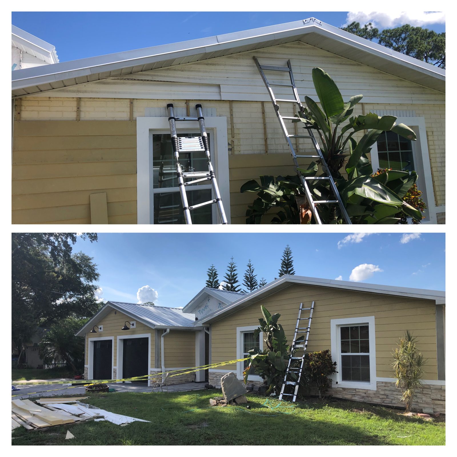 Close-up of siding course alignment and corner trim workmanship